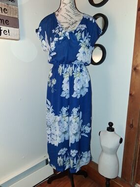Blue Floral Midi Dress with Tie Neck